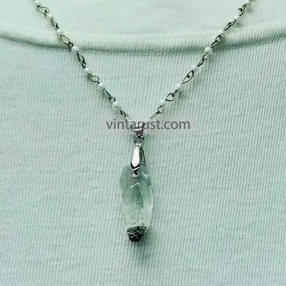 Handmade Clear Quartz Pendant Necklace with Delicate Pearl Chain, Stylish Unisex - Picture 11 of 14